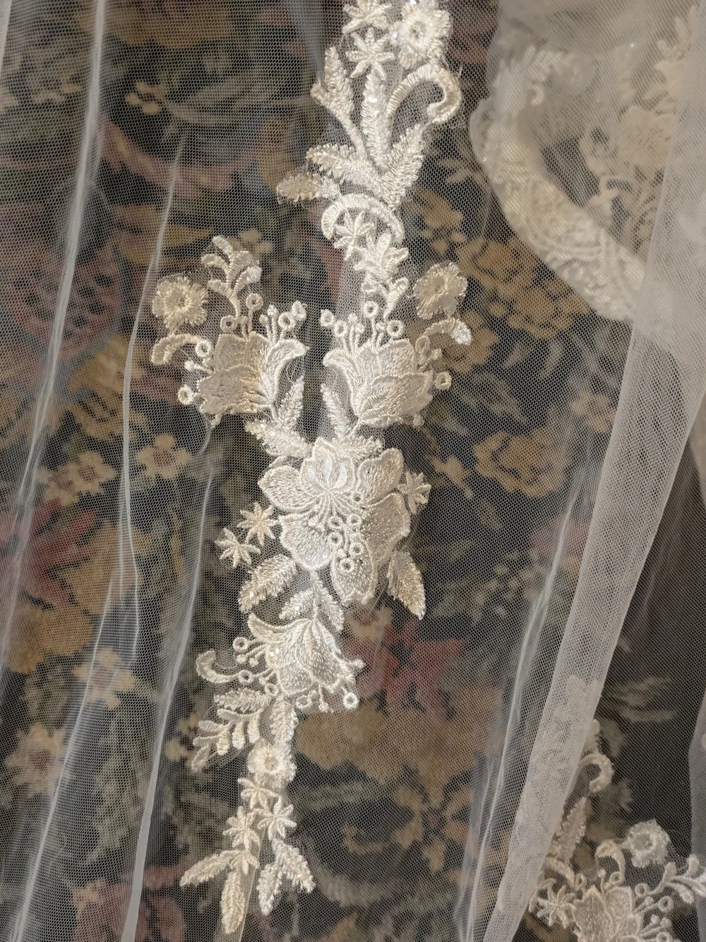 Ivory Beaded Bodice Bridal Overlay with Train and Floral Appliqué - Picture 10 of 12